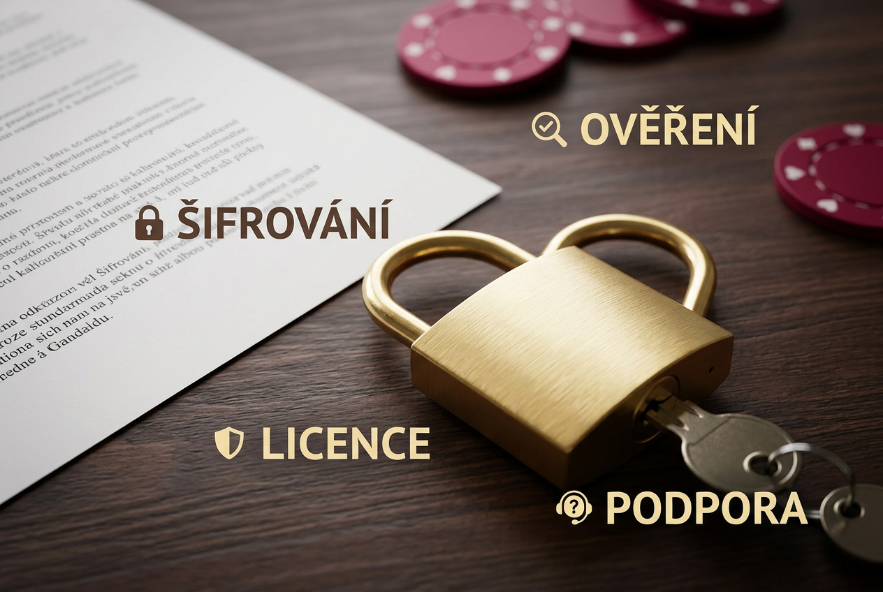 Infografika zobrazující klíčové bezpečnostní prvky online kasina jako zámek, certifikát a ověřovací proces